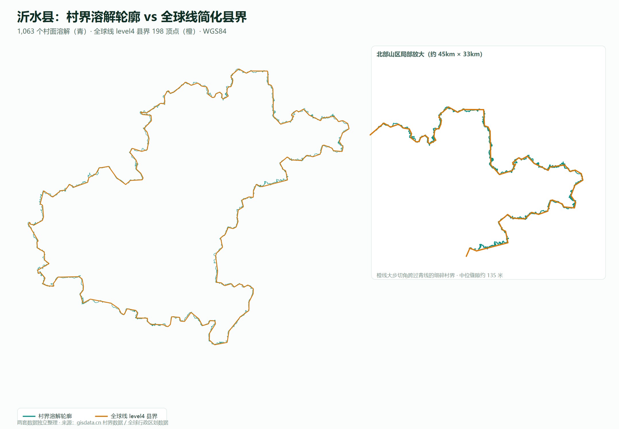沂水县村界溶解轮廓与全球线简化县界套合对比图