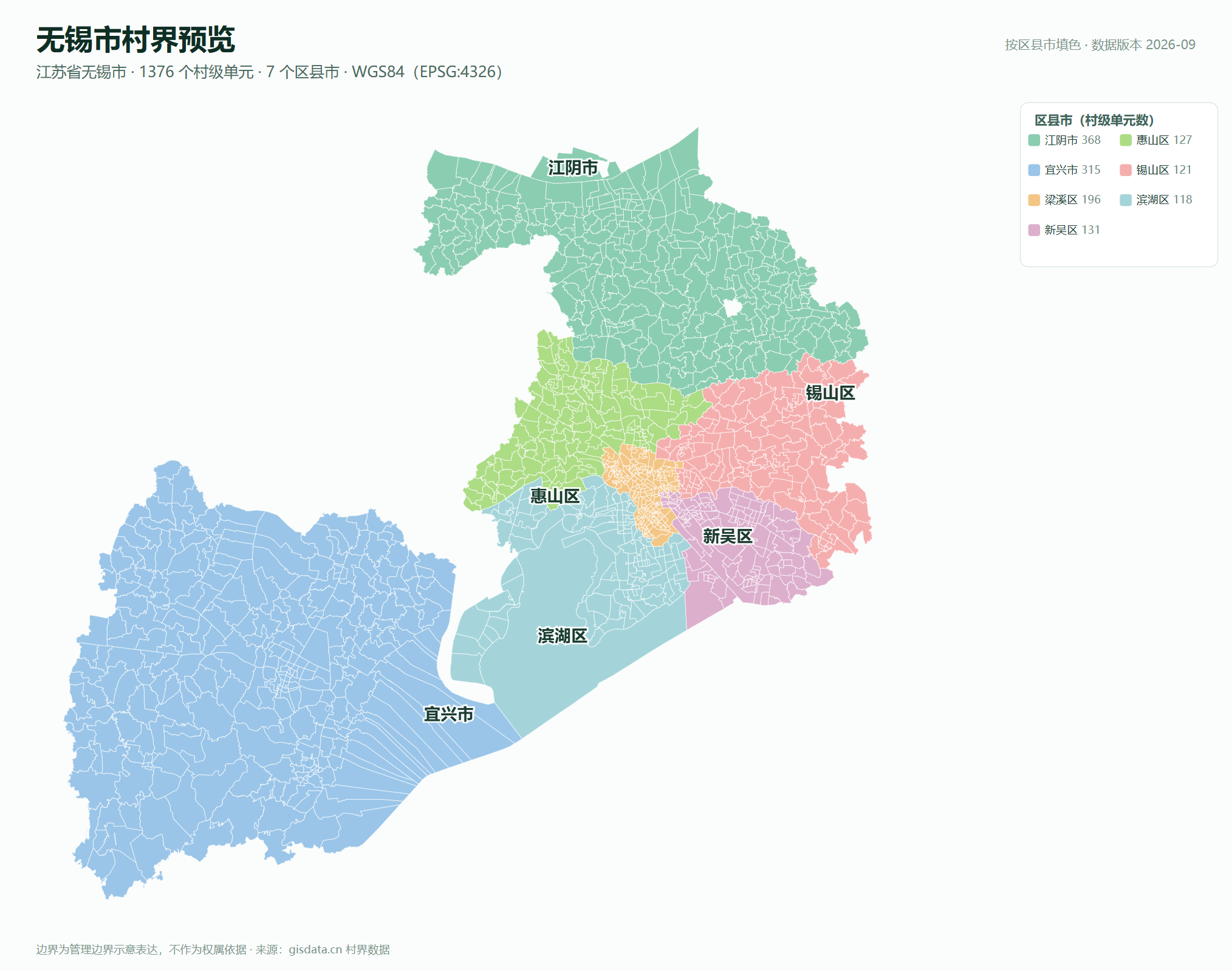 无锡市村界预览图：1376 个村级单元按 7 区县市填色